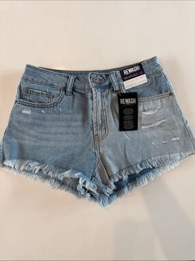 Rewash Light Blue Frayed Hem Distressed Denim Shorts